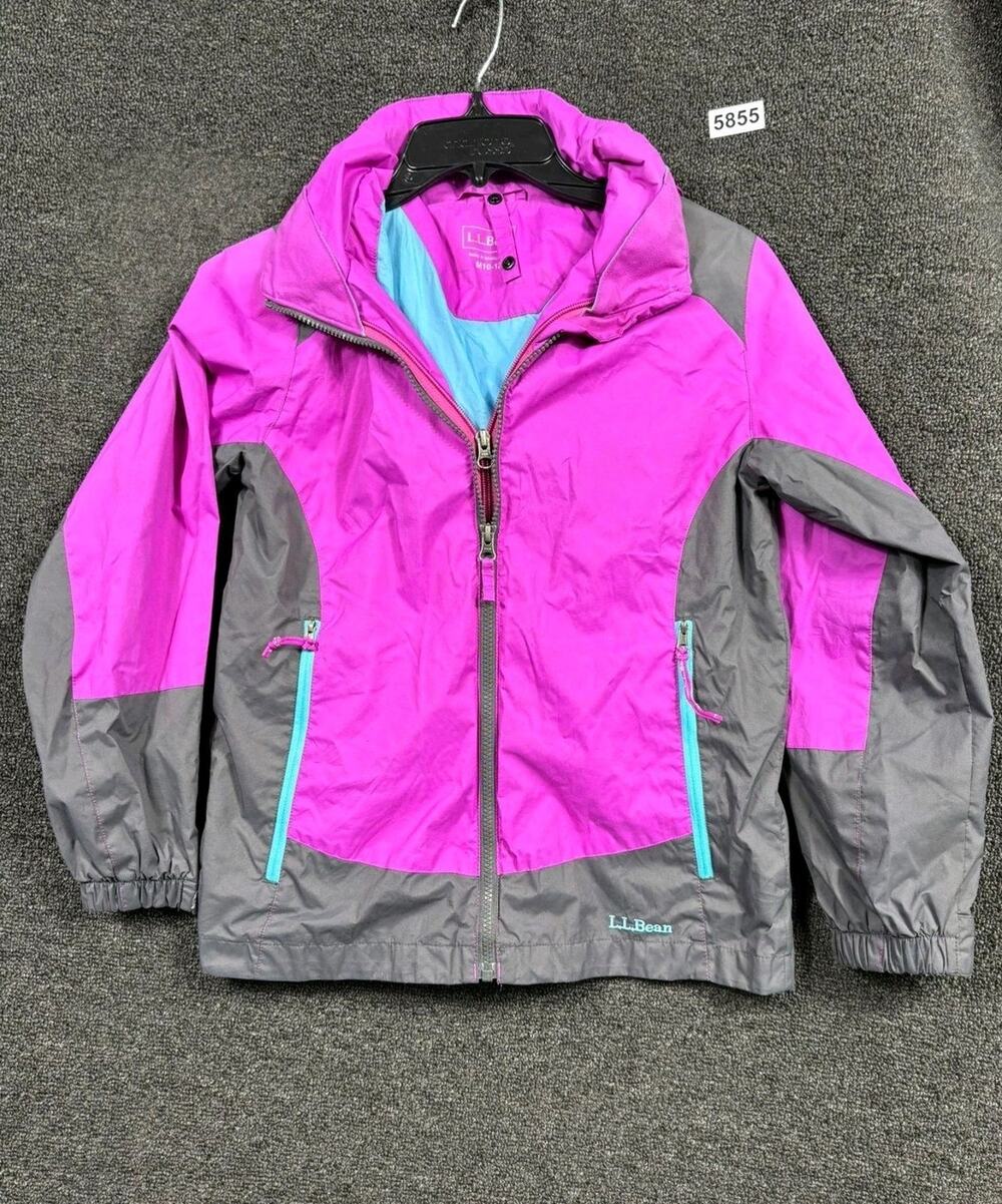 L.L.Bean Jacket Girls M 10-12 Pink Gray Hooded Windbreaker Rain Zip Pockets